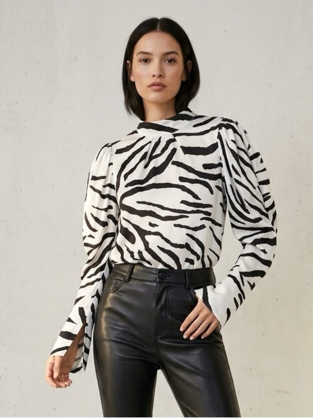 Zara Women’s Zebra Print High-Neck Top Size 14 Puff Shoulder Split Cuff Blouse
